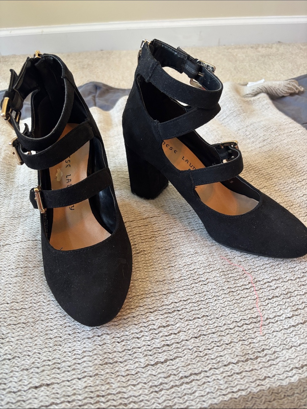 Chinese Laundry Black Triple-Strap Block Heel Pumps